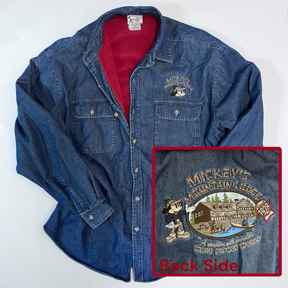 Vintage Mickey Mouse Walt Disney World Fleece Lined Denim Shacket Size Large